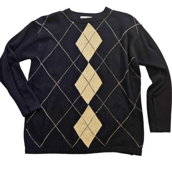 Braemer by Jeremy Scott Black Sweater with Gold Argyle Accents - Picture 1 of 5